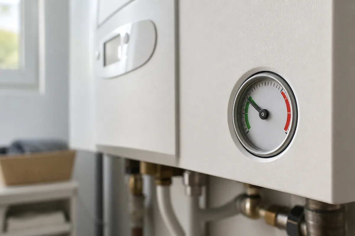 Chaudière murale gaz récente dans une maison du Bugey, manomètre au premier plan