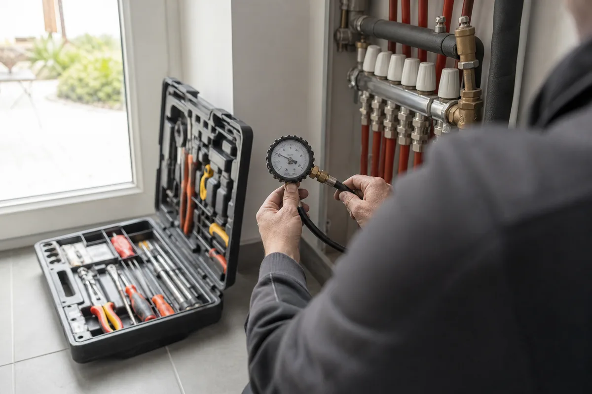 Technicien contrôlant la pression d&rsquo;un circuit de chauffage, outillage posé sur un sol carrelé