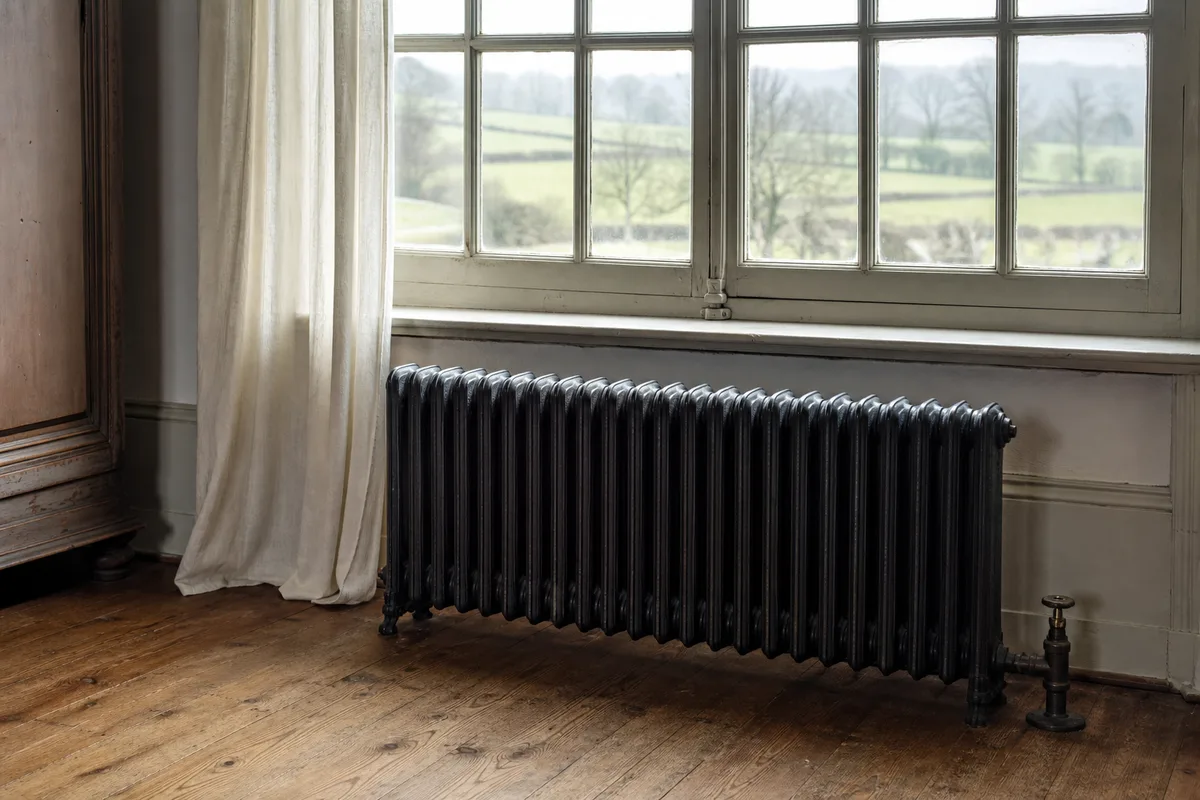 Radiateur en fonte sous une fenêtre ouvrant sur le bocage du Calvados