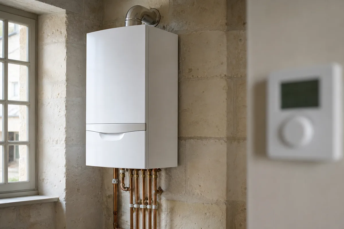 Chaudière gaz murale dans une maison en pierre du Bessin