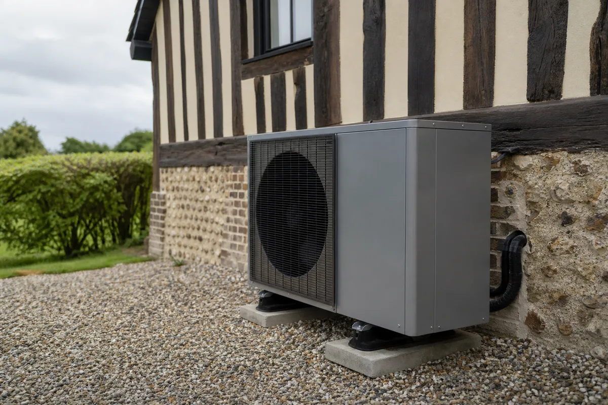 Pompe à chaleur air-eau installée contre un mur à colombages normand