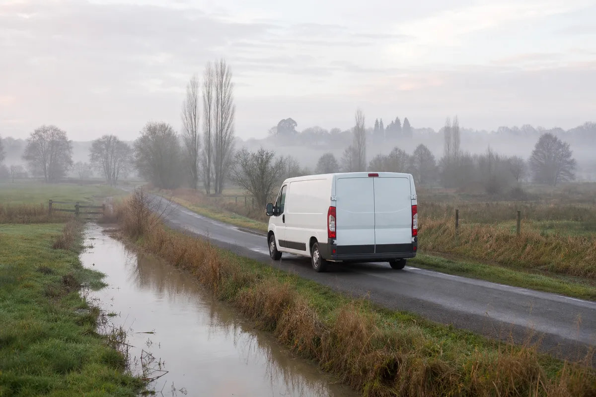 Fourgon d&rsquo;artisan chauffagiste sur une route étroite des marais du Bessin