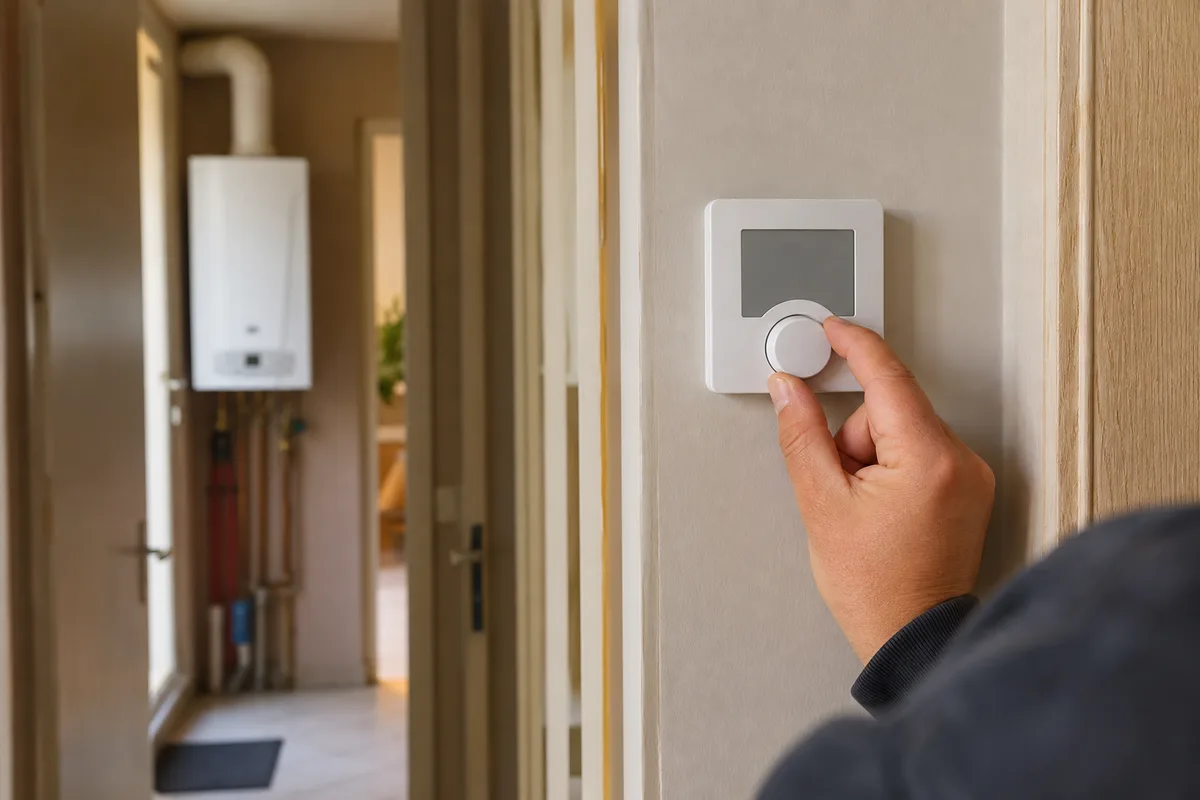 Chaudière murale gaz dans un pavillon de la vallée de l&rsquo;Oise, thermostat réglé par un technicien