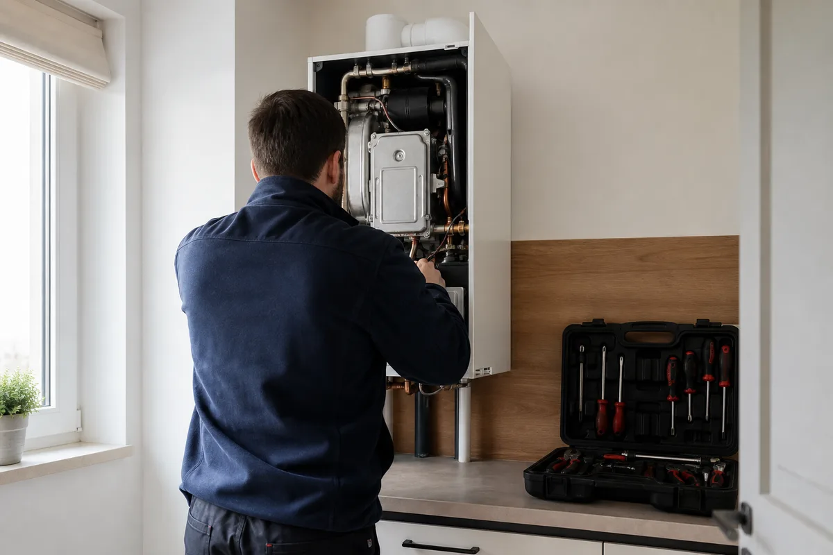 Technicien de dos entretenant une chaudière gaz, mallette d&rsquo;outils ouverte, intérieur sobre