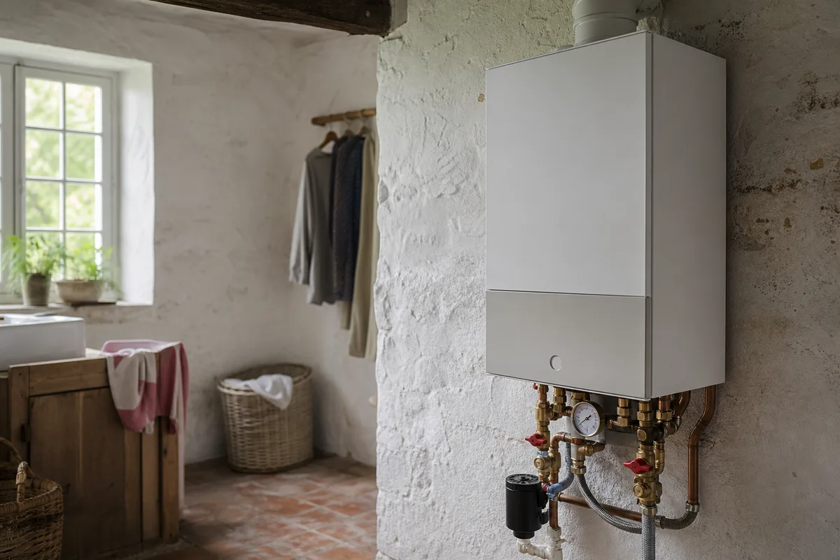 Chaudière murale gaz installée dans une longère rénovée du Pré-Bocage
