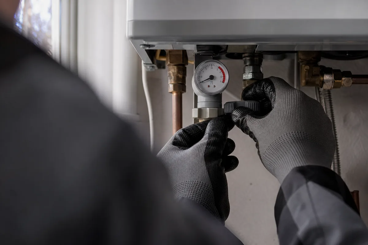 Technicien contrôlant la pression d’un circuit de chauffage sur le manomètre