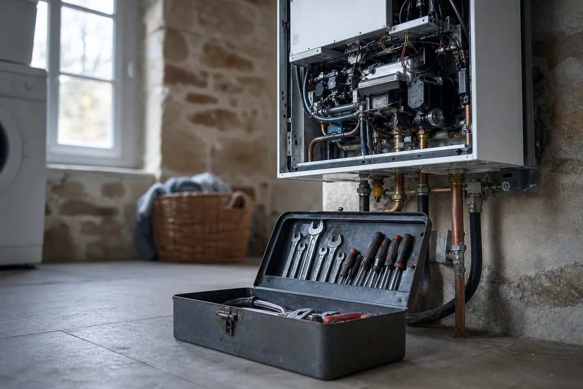 Caisse à outils ouverte au pied d&rsquo;une chaudière murale en cours de diagnostic