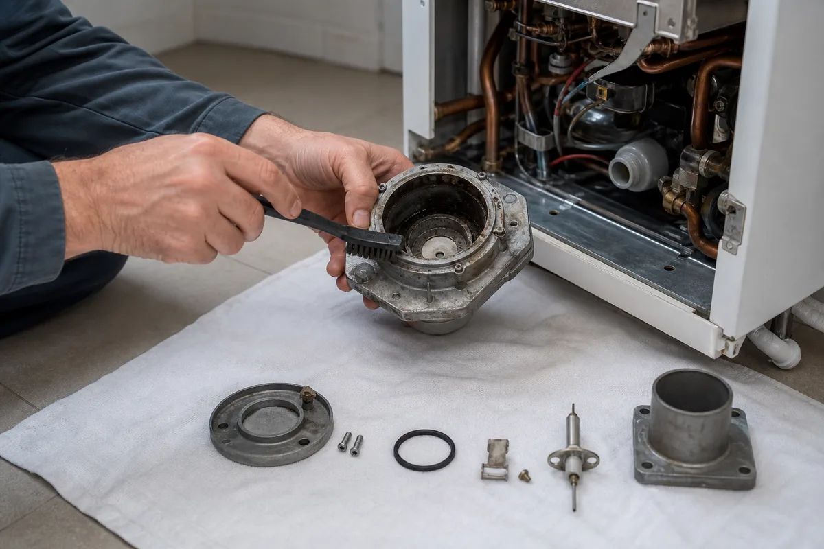 Technicien nettoyant le brûleur d’une chaudière gaz, pièces posées sur un linge propre