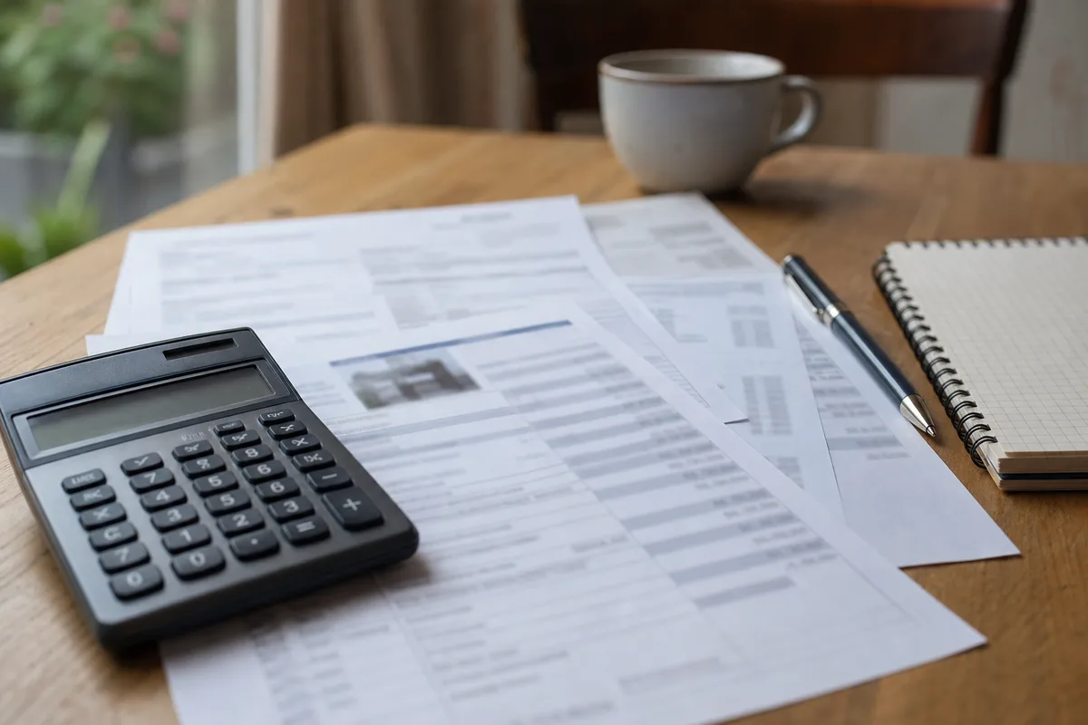 Devis d&rsquo;intervention et calculatrice posés sur une table en bois clair