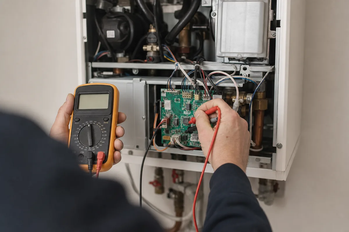 Technicien diagnostiquant une chaudière murale gaz au multimètre, intérieur sobre
