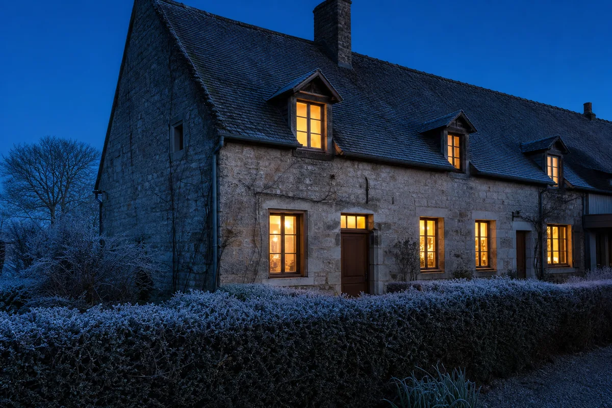 Façade de maison au crépuscule en hiver, fenêtres éclairées, buée légère aux carreaux